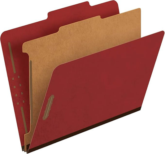 Pendaflex Recycled Classification File Folders, 1 Divider, 2" Embedded Fasteners, 2/5 Tab Cut, Letter Size, Red, Box of 10 (23775R)