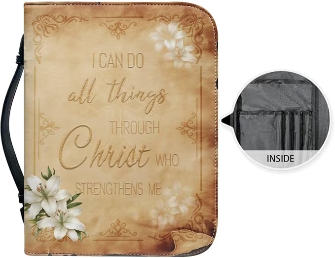 Retro Style Brown Cross Bible Case with Bookmark Waterproof Bible Cover Case for Women Lightweight Bible Bag with Handle Pockets Church Book Bag