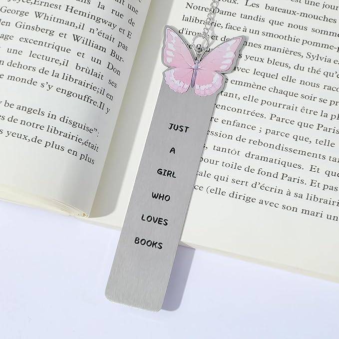 Pink Bowknot Stainless Steel Bookmark - Printed with Cute Bowknot Patterns & Equipped with Heart Pendants, Ideal for Female Readers for Girlfriends