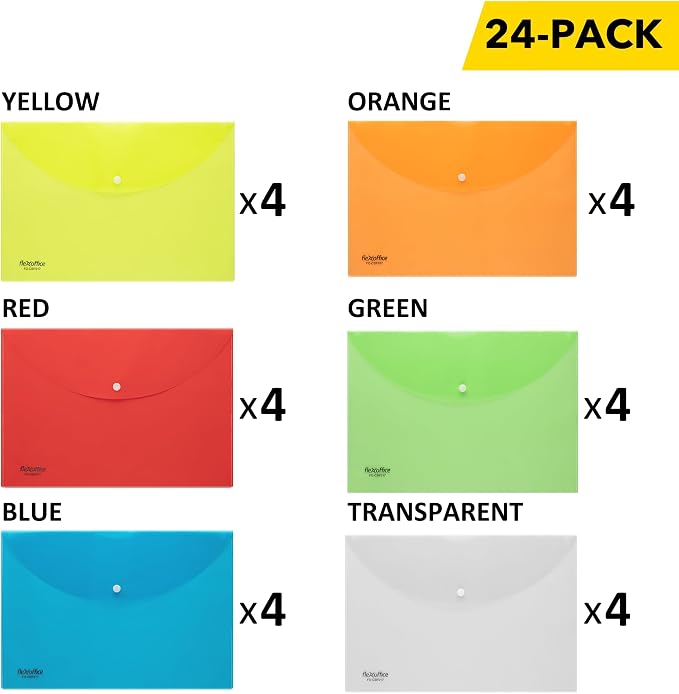 FLEXOFFICE 24 Pack Plastic Envelopes with Snap Closure, Legal Size, 15"x10.2", 6 Assorted Colors, File Folders for A4 Size, Letter Documents for Business, School, Home