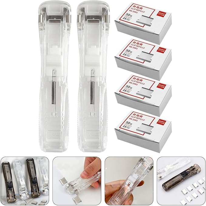 Refillable Stapler 2pcs with 200pcs Fastener Clips Office Desk Stapler Push Clip File Binding Tool for Document Organization Random Style