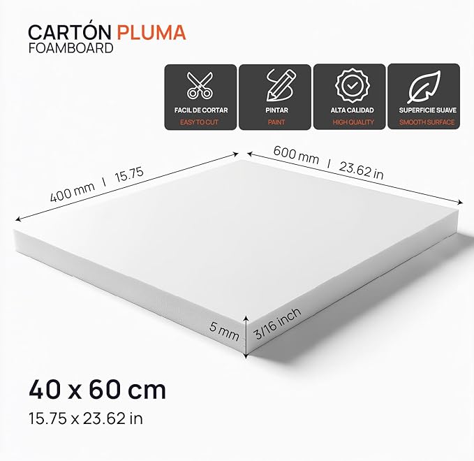 OFITURIA Foam Board, White, Adhesive, 40 x 60 cm, Pack of 2, Expanded Polystyrene Plate, Lightweight and Rigid, Foam Board, Versatile and Cuttable, for Crafts and Models, 5 mm