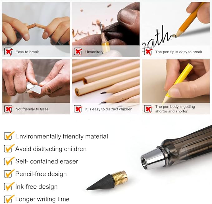 Ainiv Inkless Pencil with Eraser - 5 Sets Infinity Pencil, Reusable with Extra 5 Eraser & 5 Replaceable Nibs for Home, Office & School Writing, Drawing