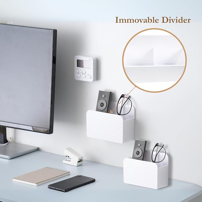 LINFIDITE 2 Pack Adhesive TV Remote Control Holder Wall Mount TV Remote Holder For Bedside Wall Remote Control Caddy Storage Organizer Stand Box （For 2 Or 4 Remote Controls – White ）