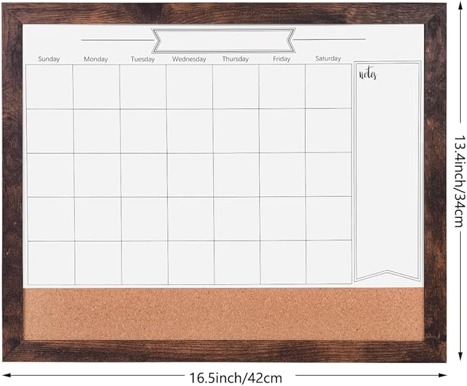 Dry Erase Calendar Whiteboard for Wall, Small Combination Magnetic Dry Erase White Board & Bulletin Board, 13" x 17" Walnut Brown Frame Calendar/Cork Combo Board(WB-3343)