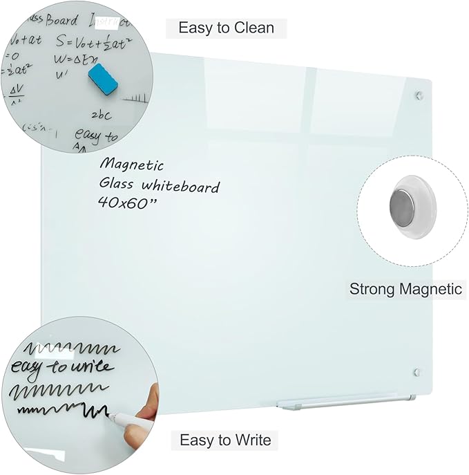 Glass Magnetic White Board – 60 x 40 Inches Dry Erase Whiteboard for Wall, Large Wall Mounted Glass Board for School, Office and Home
