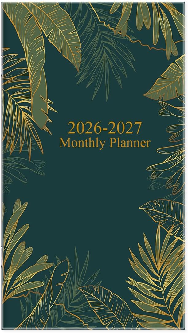 2026-2027 Mini Pocket Planner – 21-Month Pocket Calendar from April 2026 to December 2027, 3.5" x 6.5" Saddle-Stitched Monthly Calendar with Notes Pages – Compact Organizer for Purse, Office, Travel, Green Glod Leaf