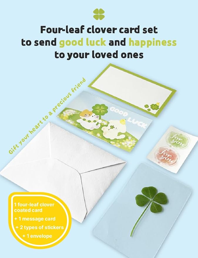 Genuine Real Four-Leaf Clover Bookmark, Elegant Four-Leaf Clover Bookmark, Smartphone, Wallet Coated Gift Thank You Card Four-Leaf Clover Gift (Cute Character Card)