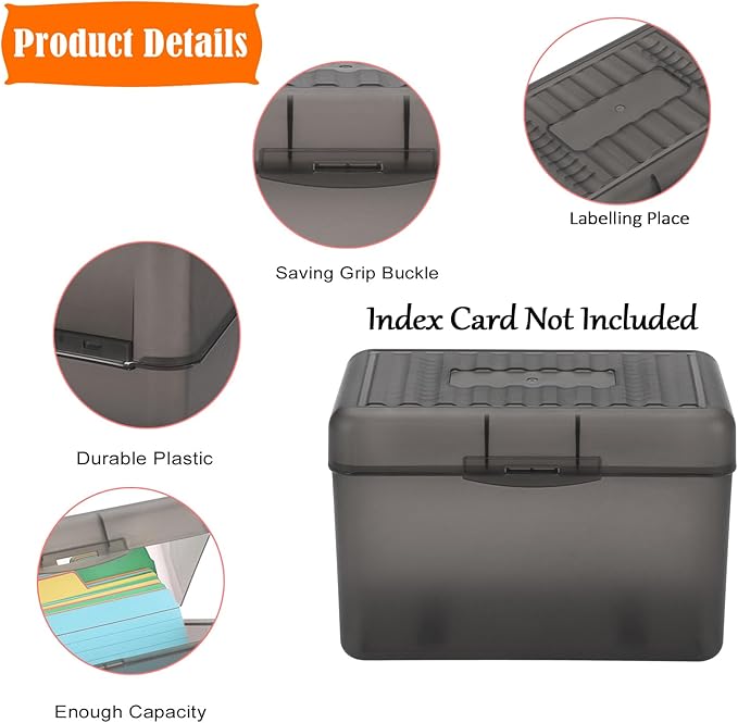 BTSKY 1 Pack 4 x 6 inch Index Card Box-Index Card Holder Notecard Box Recipe Card Box Plastic Storage Organizer for Filling Index Cards,Note cards, Flashcards, Recipes and etc,Grey