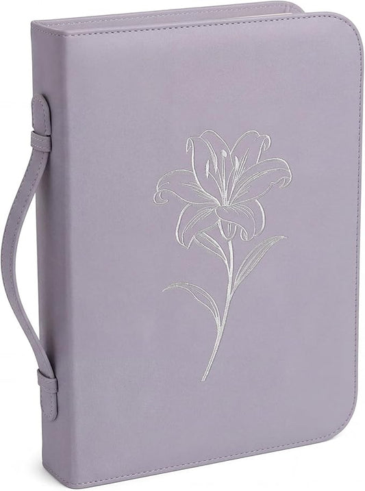 Large Bible Cover for Women, Large PU Leather Bible Case with Elegant Embossed Floral Pattern, Interior Pockets for Phone Pen & Notebook, Elastic Strap, Christian Gifts for Women(Purple)