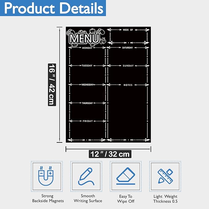 Magnetic Menu Board for Fridge, LiebHome Dry Erase Weekly Menu Planner/Family Calendar 16" x 12" with Grocery List and Notes (Black with 8 Markers)