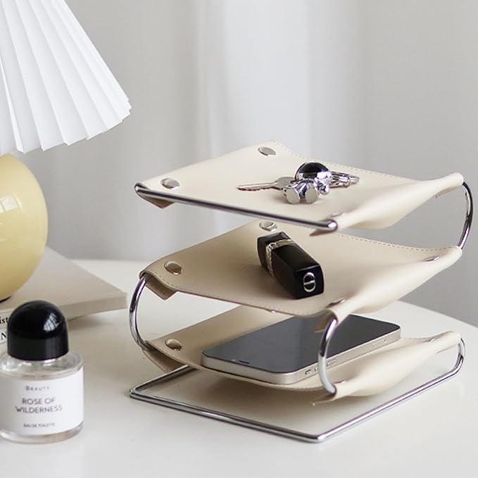 3 Tier Leather Desk Organizer, Leather Desk Caddy for Office Supplies, Desktop Cosmetic Tray Organizer Storage Box for Pens, Cable Organizer, Phone Holder, Desktop Paper Holder (Milk White)