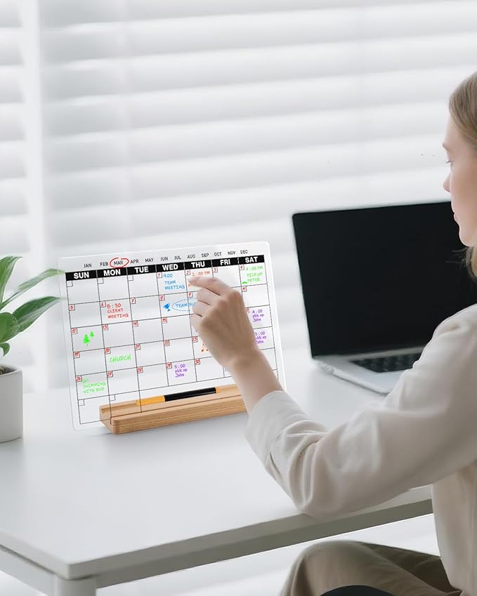 Acrylic Dry Erase Monthly Calendar Board for Desk, 9x13 Transparent Acrylic Whiteboard with Date Grid, Wood Stand, 6 Wet Erase Markers, for Home, Office, School (White Text)