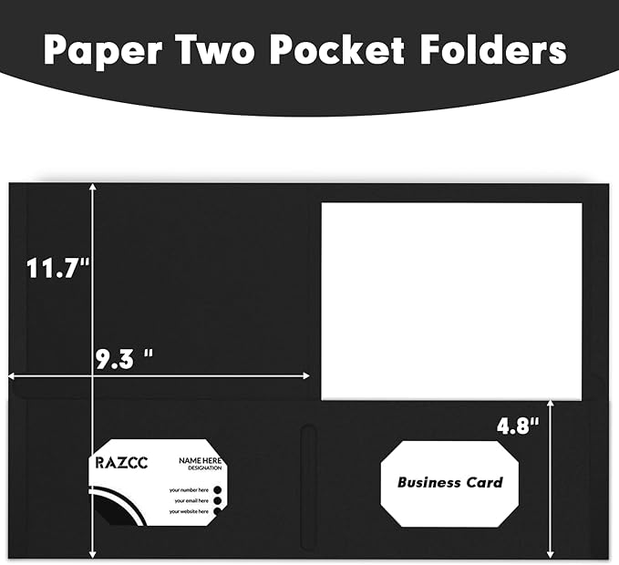 Two Pocket Folders, RAZCC 75 Pack 2 Pocket Folders Fit Letter Size Paper, Paper Folders with Pockets for School Office Business Home (Black)