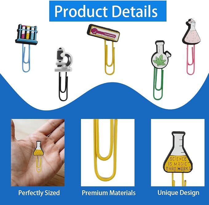 24PCS Novelty Paper Clips Science Stationary Supplies for Teachers Students Fun Paper Clips Science Teacher Bookmarks Gifts for Teachers Students Paperclip Bookmark