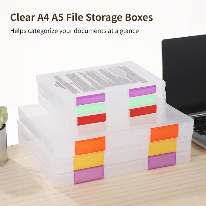 12 PCS Clear A4 A5 File Boxes, Plastic Paper Organizer with Color Buckles and 54 Labels, Stackable Magazine Protector Cases, Transparent Document Case for Office, School, Home