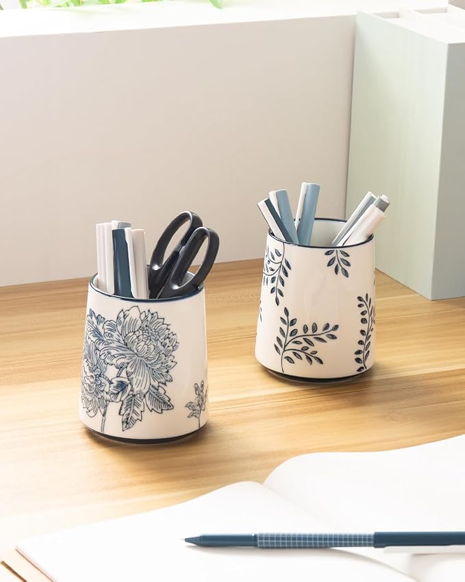 Pencil Holder for Desk, Ceramic Pen Holder, Blue and White Chinoiserie Desk Pen Organizer, Flowers and Branches