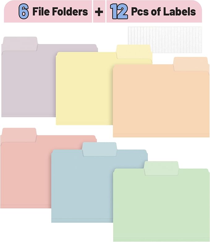 Mr. Pen- File Folders, 1/3 Cut Tab, 6 Pack, Morandi Colors, Letter Size, Colored File Folders, Letter File Folders