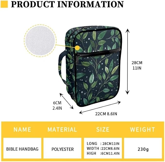 Coldinair Green Leaf Bible Covers for Women Carrying Book Bible Case Church Bag Bible Protective with Handle & Zippered Pocket