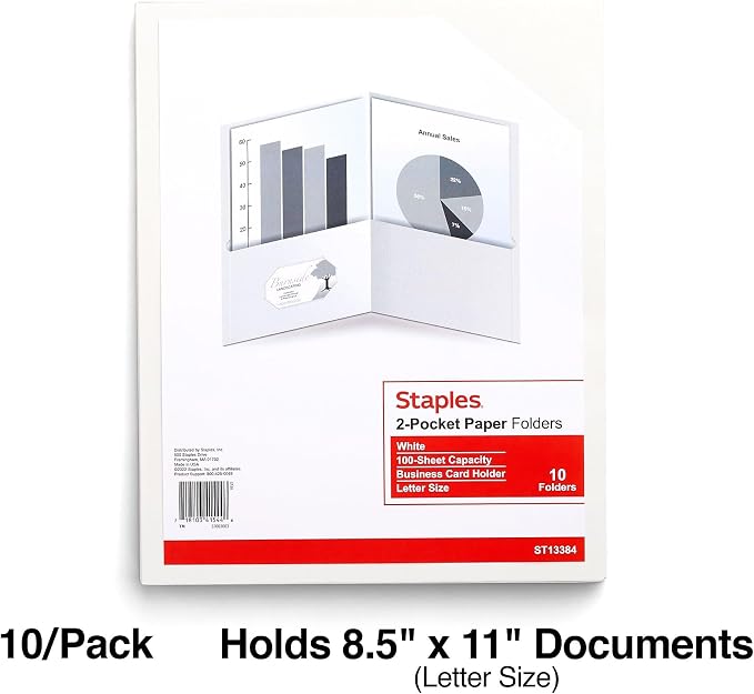 Staples 10% Recycled Smooth 2‑Pocket Paper Presentation Folders with Fasteners, Letter Size Project Folders for Office & School, White, 10‑Pack
