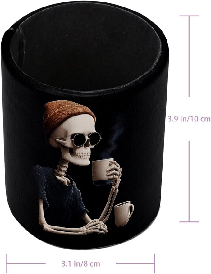 Cool Skeleton Drinking Coffee Pen Holder Pencil Organizer Cute Pencil Cup Desk Decor Makeup Brush Holder PU Multifunctional Office Supplies for Home Classroom School