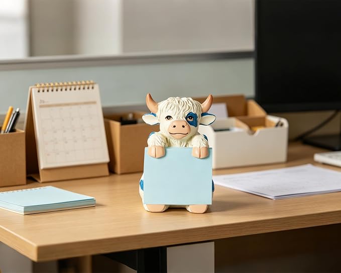 Highland Cow Sticky Note Holder with 100 Sheets 3x3 Pop-Up Notes, Handmade Resin Highland Cow Desk Decor for Office, Home & Classroom, Gift for Women, Teachers & Coworkers - Blue