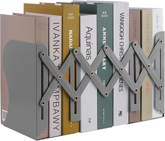 MSDADA Adjustable Bookends, Book Ends for Heavy Books, Expandable Book Organizer for Desk, Shelf, Office, School, for 6 7 8 9 10 11-15 Boys and Girls, Extends up to 19 inches (Grey)