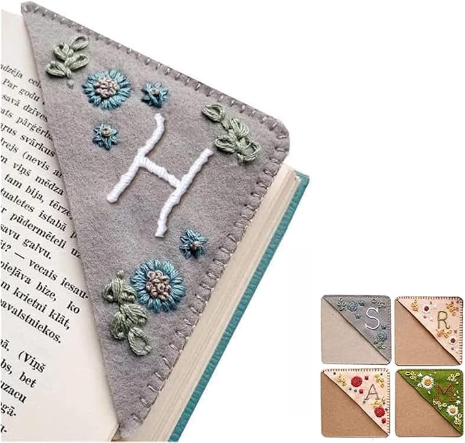 Personalized Hand Embroidered Corner Bookmark, 26 Letters Cute Flower Embroidered Corner Bookmark Embroidery Book Marker Clip for Book Lovers Bookmarks for Reading Lovers Meaningful GIF (Winter, H)