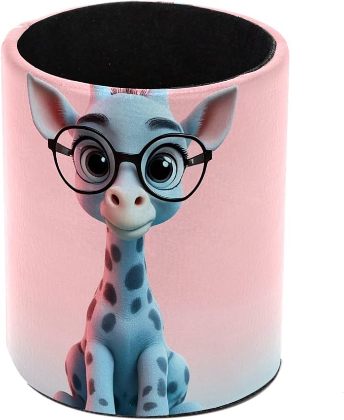 Leather Pen Holder for Desk, Cute Giraffe Makeup Brushes Holder Pencil Cup Multifunctional Desktop Organizer Caddy for Home School Office Desk Accessories