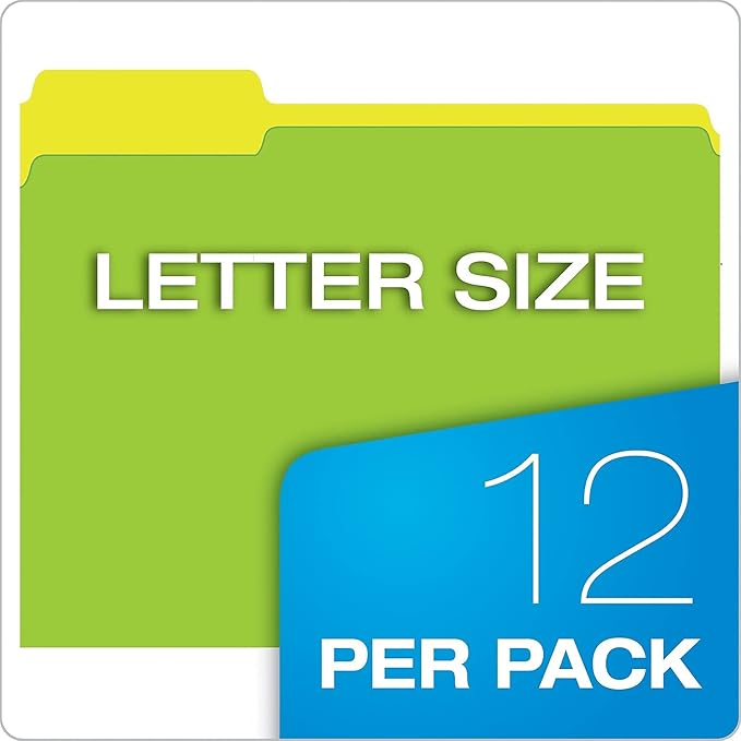 Pendaflex File Folders, 12-Pack, Letter Size, Twisted Glow Neon Assorted Reversible Colors, 1/3-Cut Staggered Tabs, Versatile Document Organizers for School Classrooms and Professional Office Desks