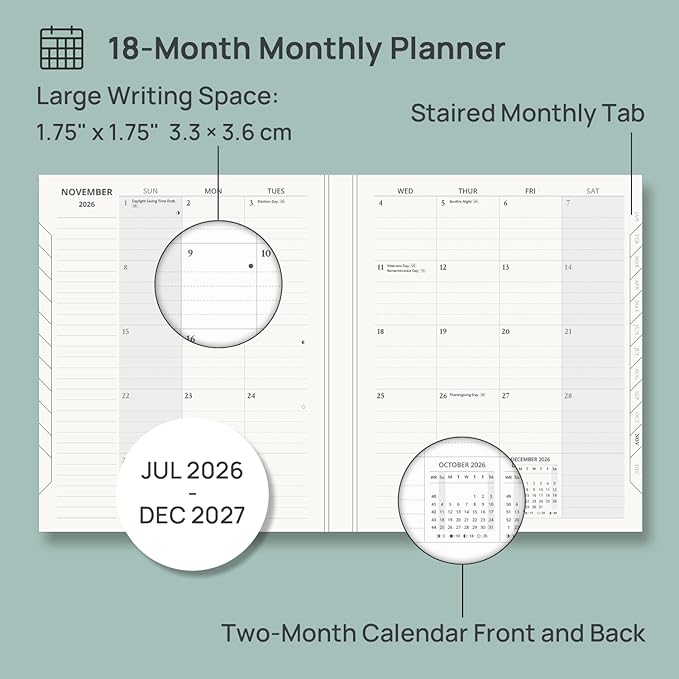 POPRUN Monthly Planner 2026-2027, Large Size-8.5" x 10.5", 18 Month Calendar Book (Jul 2026 - Dec 2027), Academic Calendar Planner with Tabs, Inner Pocket, Hard Cover, 100GSM Paper - Midnight Green