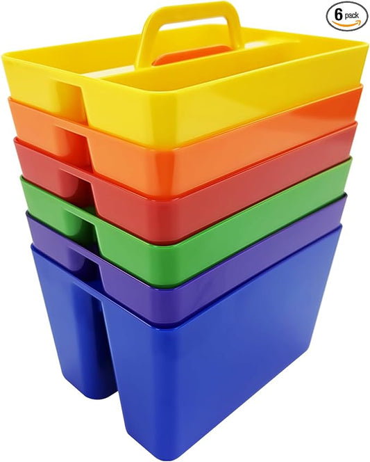BPA Free 2 Compartment Stackable Desk Organizer, Classroom Caddy, Plastic Office Supply Bin with Handle for Home Office, Kitchen & Small Desk Items, 6 Pack