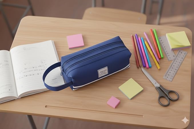 Large Capacity Pencil Case Organizer with 2 Zipper Pockets, Durable Canvas Stationery Bag for School and Office Supplies, Multi-Purpose Pen Pouch and Travel Storage Case (Navy)