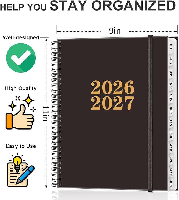Planner 2026-2027 - Academic Planner from July 2026 to June 2027, Weekly & Monthly Planners Spiral Bound with 12-Month Tabs, Inner Pocket, 8.5" x 11", Black