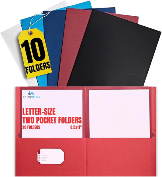 1InTheOffice 2 Pocket Folders, Two-Pocket Folder with Pockets, Presentation Folders, Letter Size, Assorted Colors, (10/Pack)