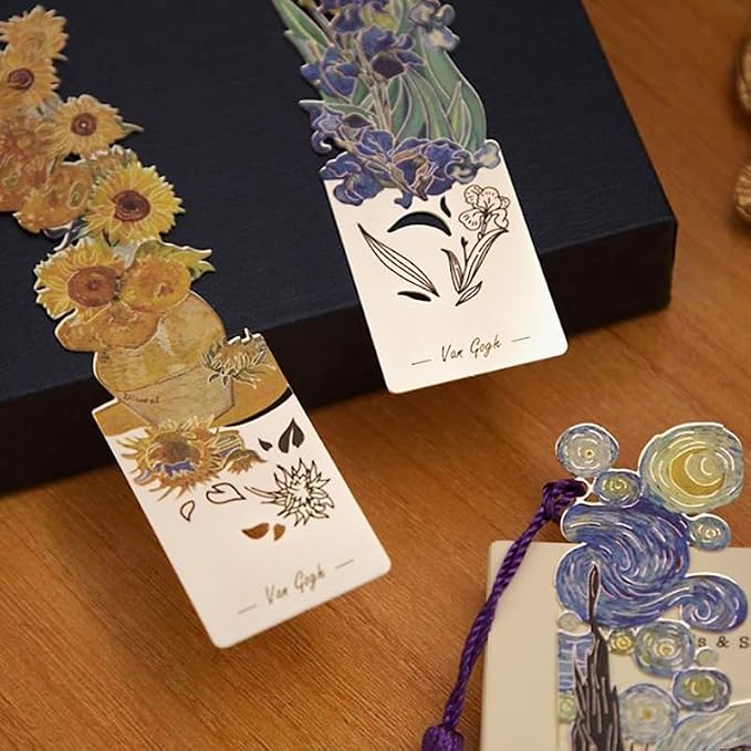 4 Pcs Metal Bookmarks with Tassel, Sliver Hollow Bookmark Van Gogh Oil Painting Theme Bookmark Art Bookmarks for Book Lovers Writers Readers Children Teens Men Women Adults (Van Gogh Gift Box)