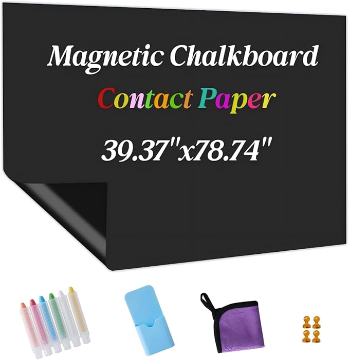 Magnetic Chalkboard Contact Paper Adhesive 39.37" x 78.74", Magnetic Chalkboards for Wall, Peel and Stick Wall Decal for Classroom Home Includes Dustless Chalks and Wiping Cloth