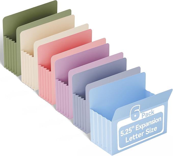 Ansook Expanding File folders,6 Pack Letter Size 5.25" Expandable Accordion File Folders,Heavy Duty File Pockets Folders for Cabinet with Straight-Cut Tab,Holds 8.5" x 11" documents & Manila Folder