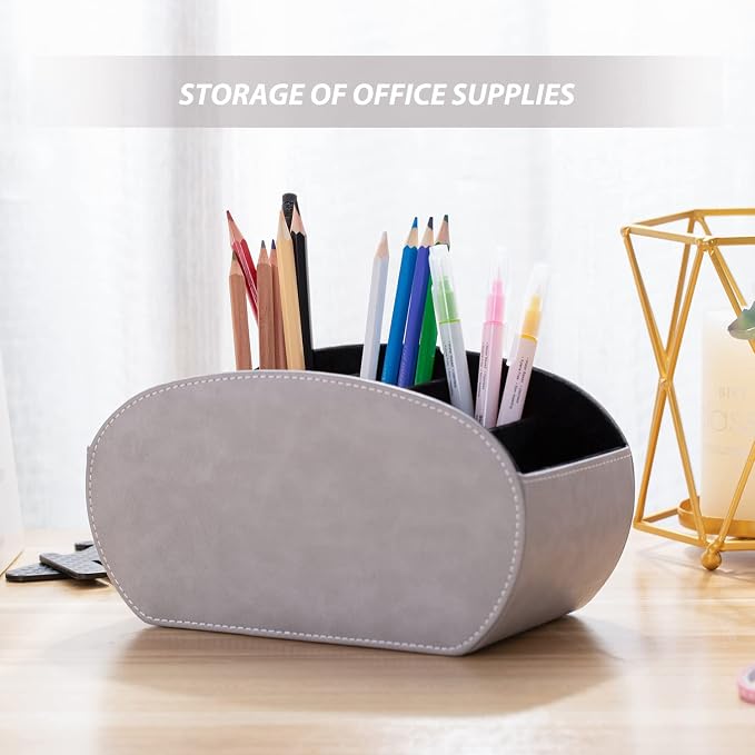 BONNY DODO PU Leather Multi-Functional Office Organizar Box Remote Control Holder Desk Storage Suppliers Caddy Table with 5 Compartment Store TV Remote, Brush, Pencil, Glasses, Media Player (Gray)