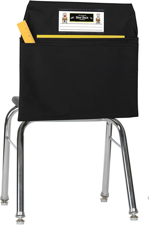 Seat Sack Student Chair Storage Pocket - 17", Double Pocket, Classroom Chair Organizer for Student Desks, Durable Over-the-Chair Storage, Black, 1-Pack