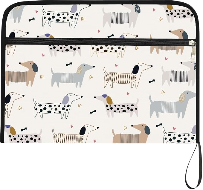WEBEEDY 13 Pockets Expanding File Folder Cute Dachshund Accordion File Organizer with Labels and Zipper, Adorable Dog Bone Prints Document Organiser Portable for A4 Paper Receipt Paperwork Office
