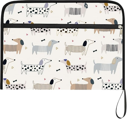 WEBEEDY 13 Pockets Expanding File Folder Cute Dachshund Accordion File Organizer with Labels and Zipper, Adorable Dog Bone Prints Document Organiser Portable for A4 Paper Receipt Paperwork Office