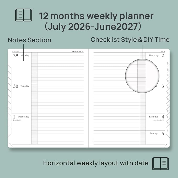 POPRUN Planner 2026-2027 (Large 8.5"x 10.5"), Horizontal Weekly Notebook Jul.2026 - Jun.2027, Academic Appointment Book with Monthly Tabs, Leather Hardcover, Inner Pocket - Pacific Green
