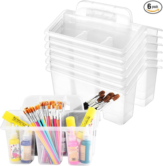 NINU Classroom Caddy Storage Basket with Handle, Plastic Arts Office Crafts Caddy 4 Compartments for Kids, Pencil, Crayon, Marker, School Supplies - 6 Pack Clear