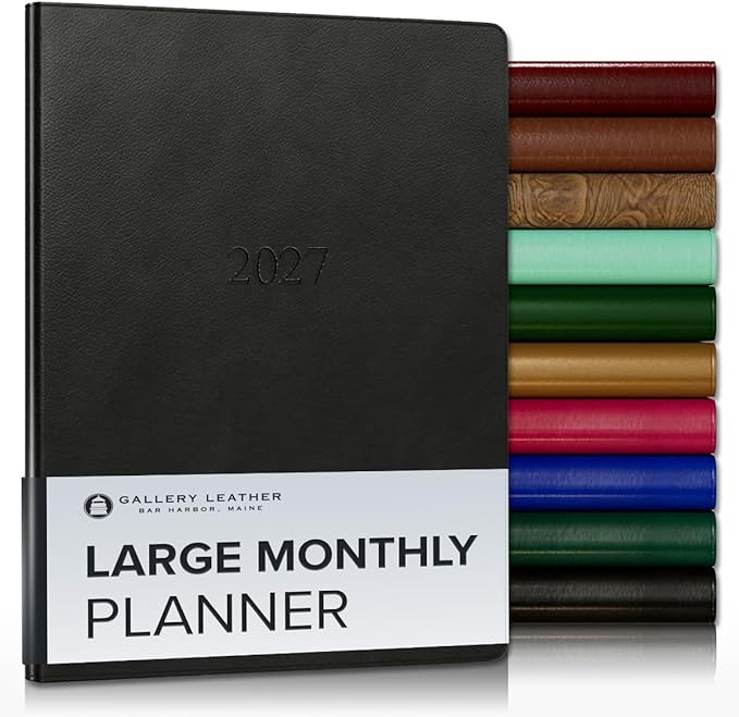 Gallery Leather Large Monthly Planner 2027, Elegantly Bound Calendar Planner and Notebook with Stylish Gold-Gilded Page Edges, 18 Months - Monhegan Black - 9.75x7.5"