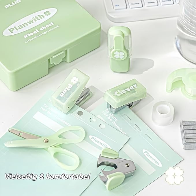 Staple Remover, Hole Punch & Stapler Set - 8-Piece Writing Set with Lucky Clover Design in Practical Storage Box