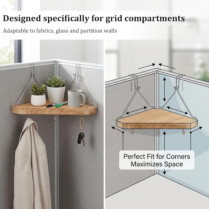 Fabric Wall Cubicle Corner Shelf with Hooks, Wooden Triangular Cubicle Organizer Storage Shelf, Partition Shelf with Hangers for Office Dorm Apartment