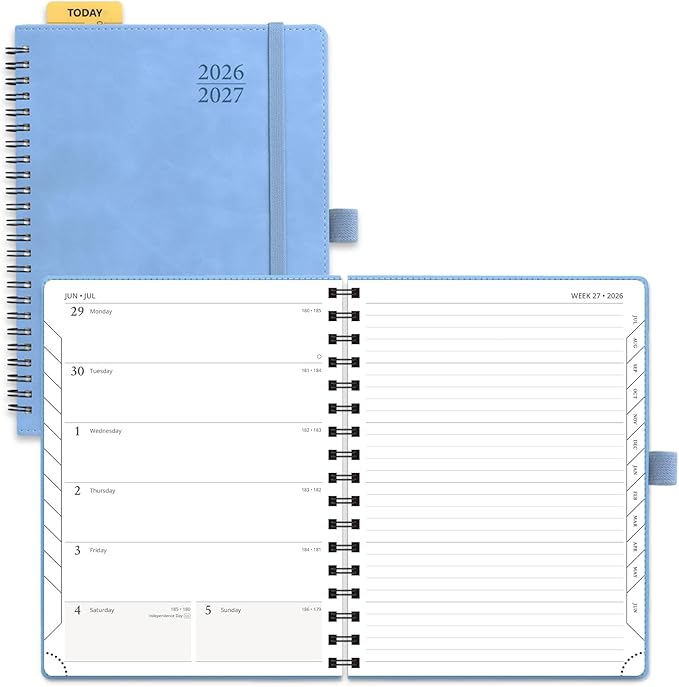 POPRUN Weekly Planner 2026-2027, 6.5" x 8.5", (July 26-June 27) Academic Weekly and Monthly Planner, Calendar Notebook 2026-2027 Agenda for School, College, Spiral Leather Softcover - Cerulean Blue