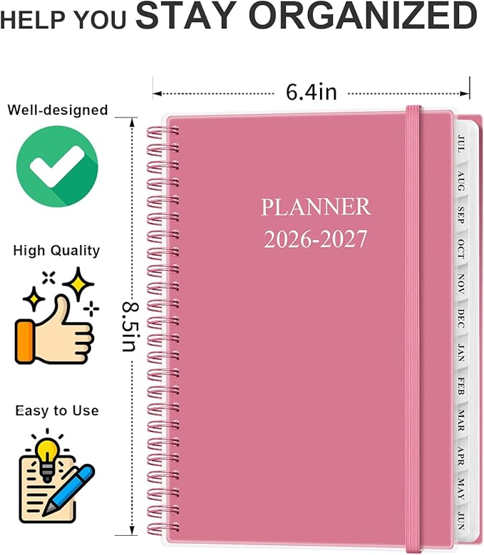 Academic Planner 2026-2027 - Weekly & Monthly Planner from July 2026 to June 2027, Agenda 2026 2027 with Inner Pocket, Elastic Band, 6.4" x 8.5", Pink