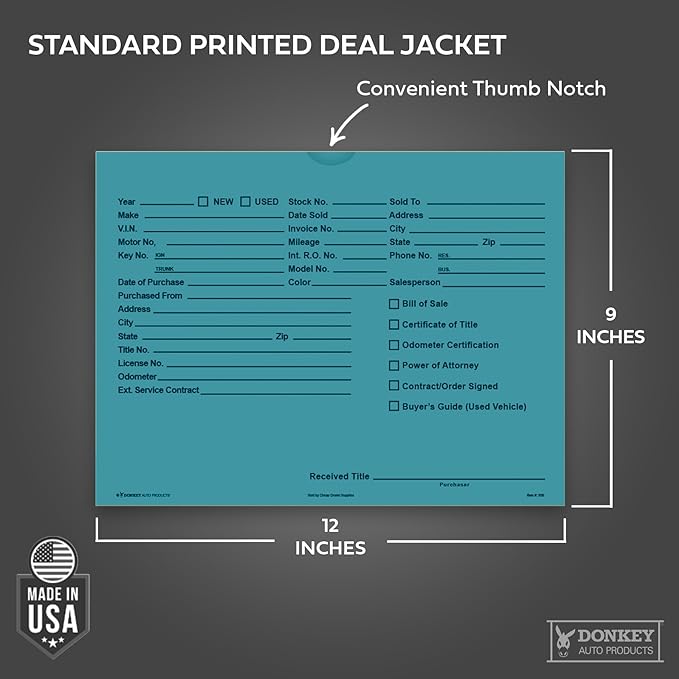 Printed Vehicle Deal Envelopes 9x12 Deal Jackets (100 shrink wrapped) (Teal)